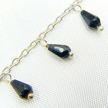 Black Spinel Drop Dangle 925 Sterling Silver Wire Chain.