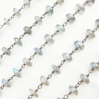 Coated Labradorite Rondel Smooth Oxidized Wire Chain