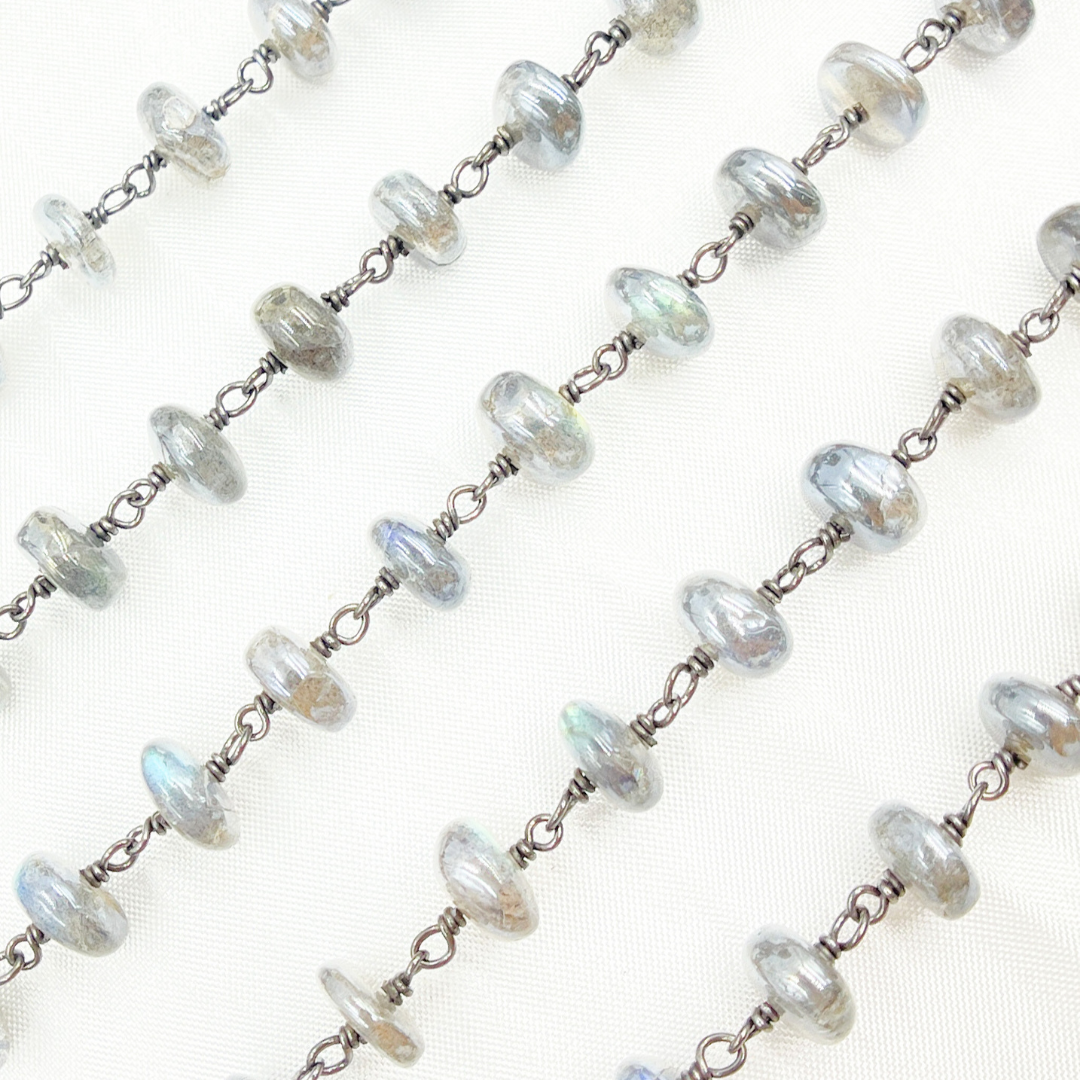 Coated Labradorite Rondel Smooth Oxidized Wire Chain. CLB49