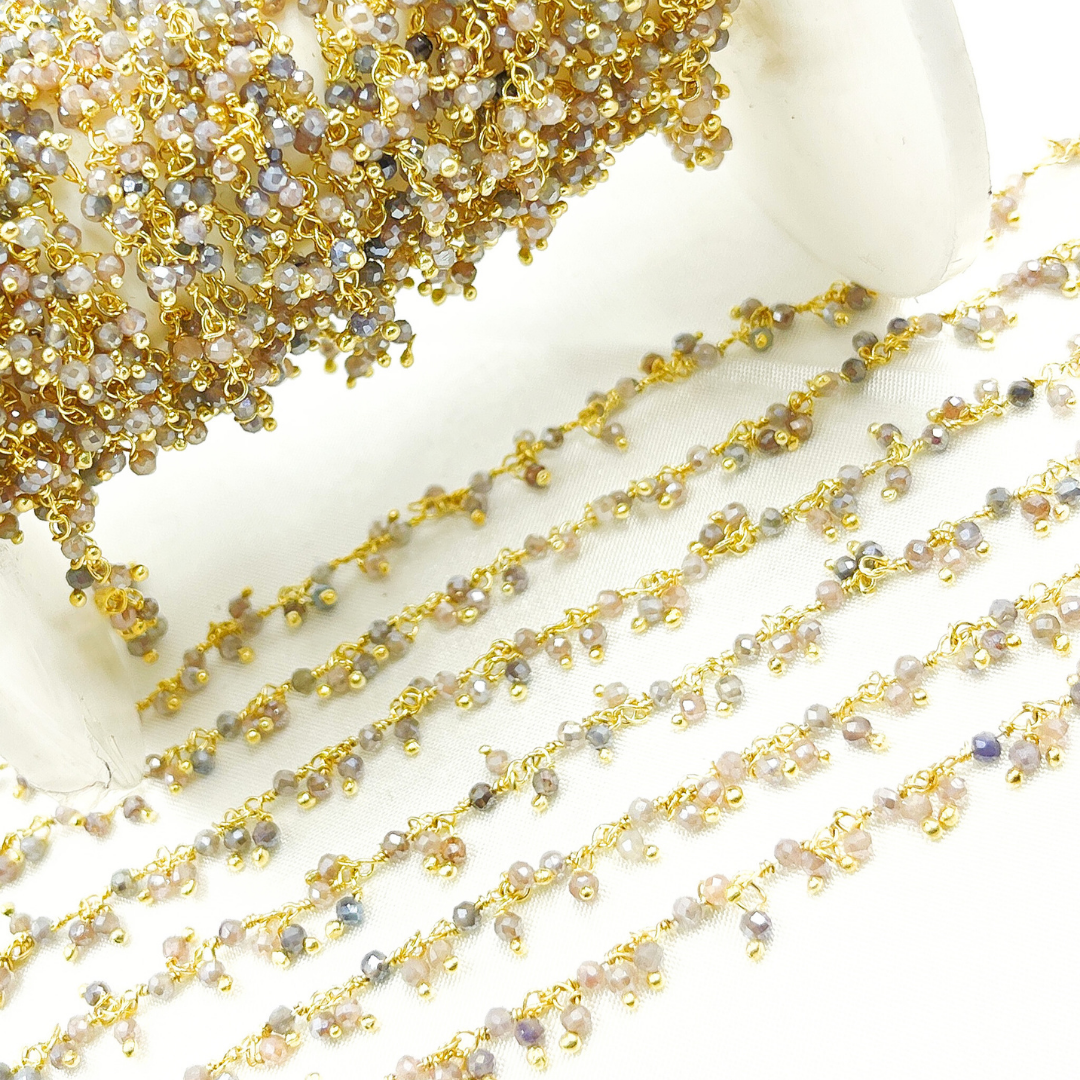 Coated Multi Moonstone Cluster Dangle Gold Plated Wire Chain.