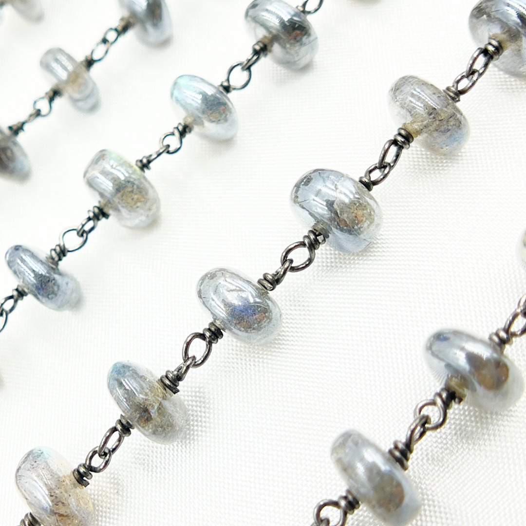 Coated Labradorite Rondel Smooth Oxidized Wire Chain. CLB49