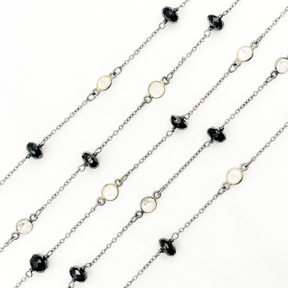 Black Spinel Rondel Shape & White Topaz Oxidized Connected Wire Chain.