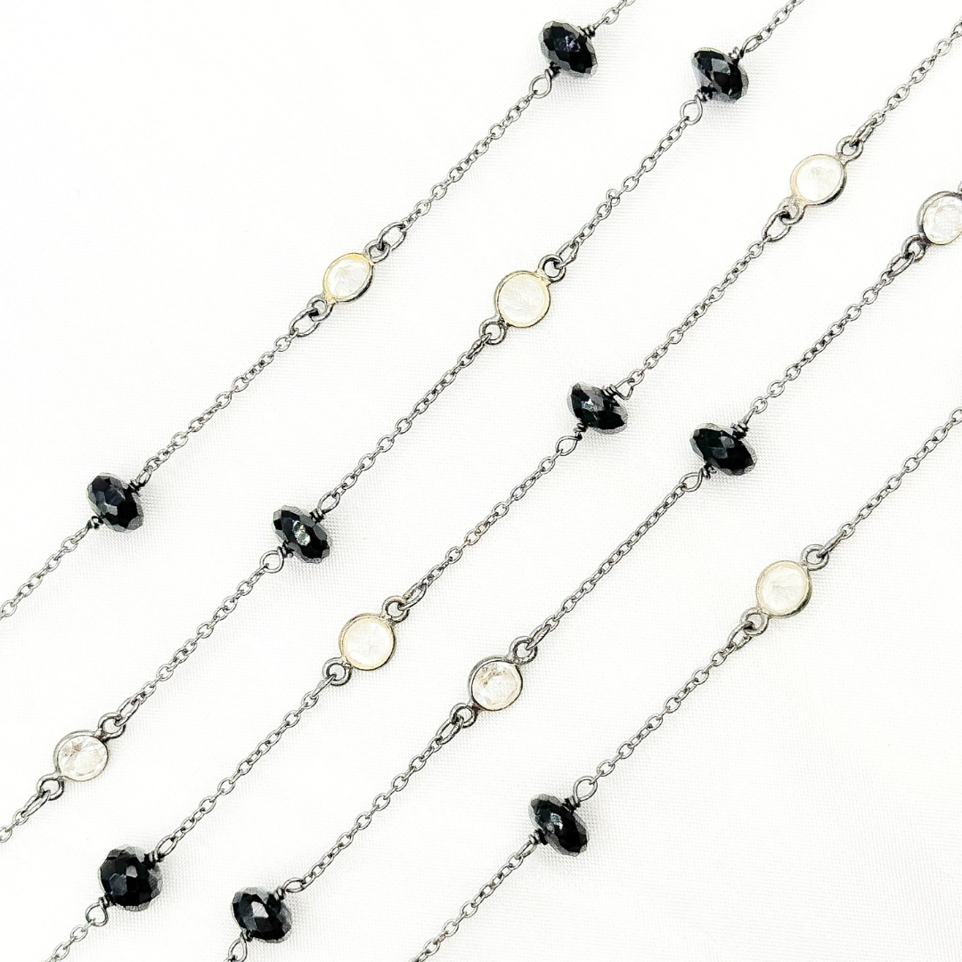 Black Spinel Rondel Shape & White Topaz Oxidized Connected Wire Chain. BSP26