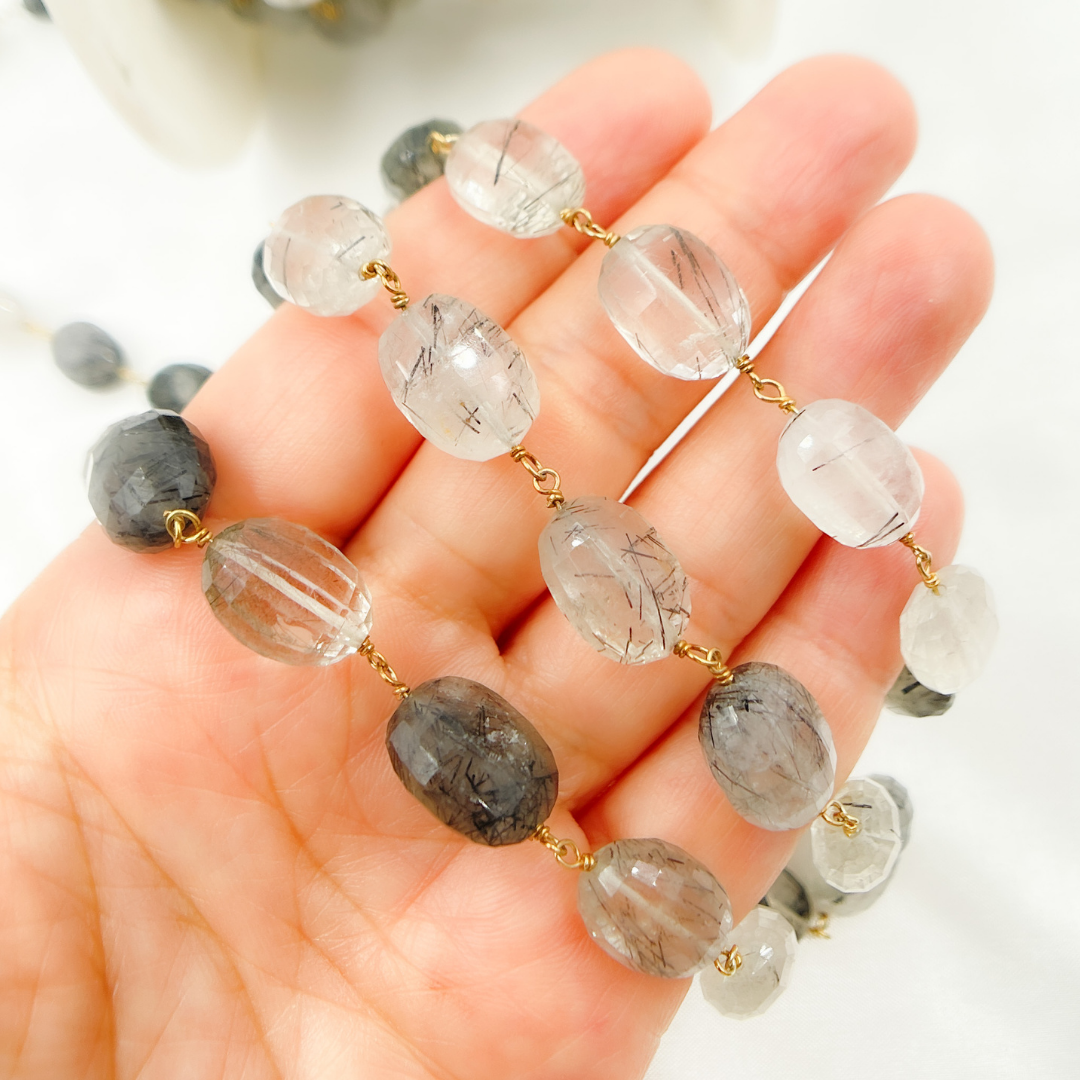 Black Rutile Oval Shape Gold Plated Wire Chain