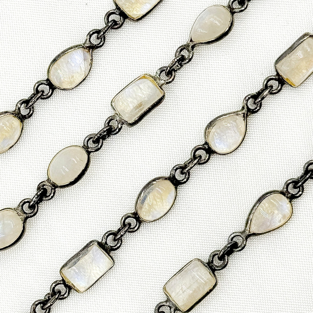 White Moonstone Mix Shape Bezel Oxidized Wire Chain
