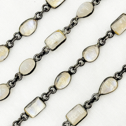 White Moonstone Mix Shape Bezel Oxidized Wire Chain