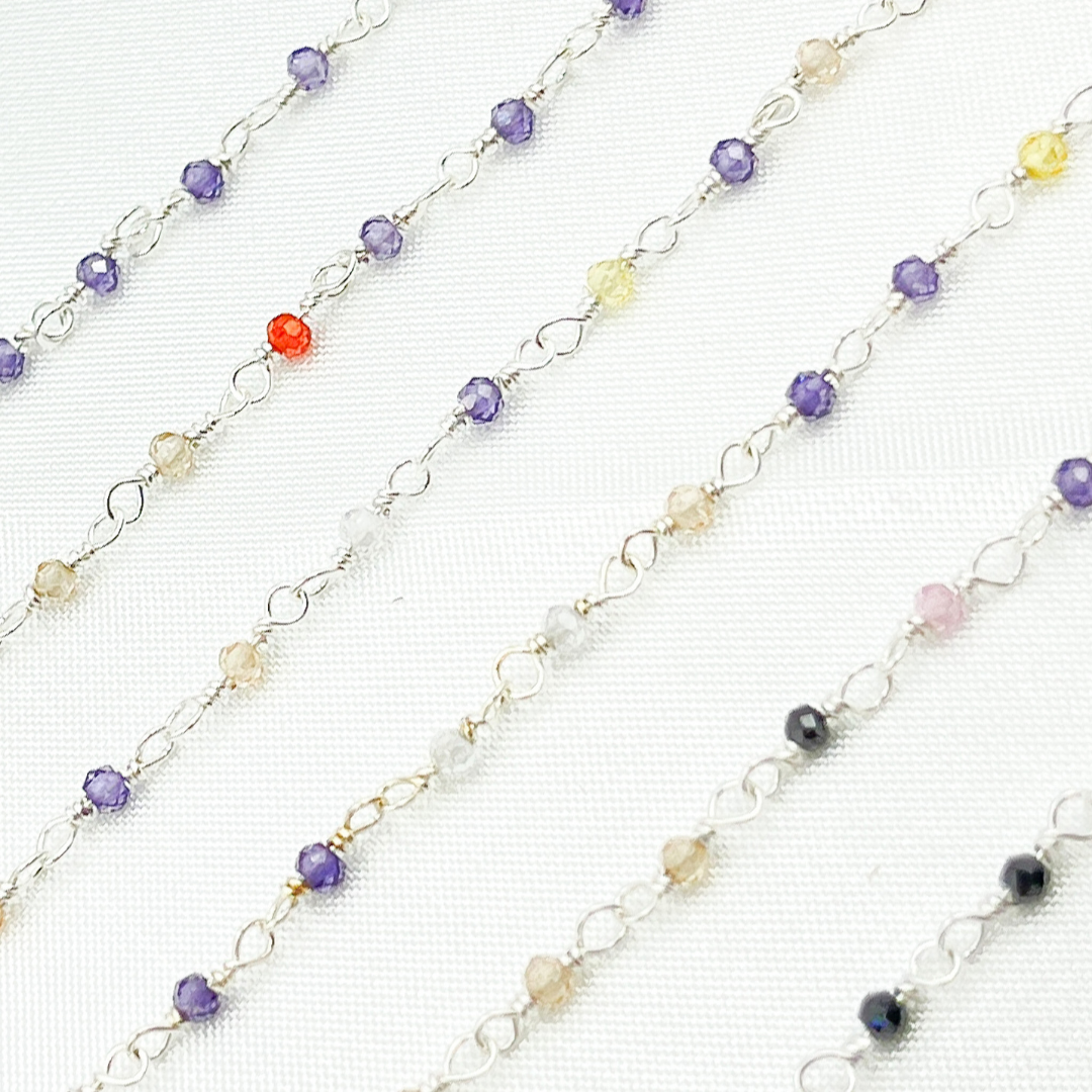 Multi Color Cubic Zirconia 925 Sterling Silver Wire Wrap Chain.