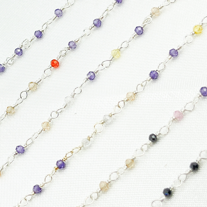Multi Color Cubic Zirconia 925 Sterling Silver Wire Wrap Chain.