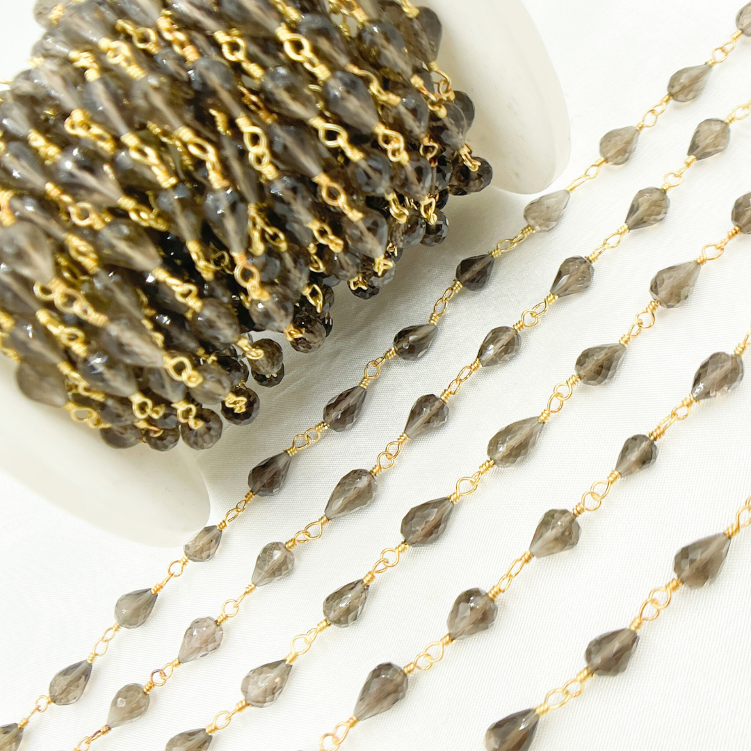 Smoky Quartz Tear Drop Shape Gold Plated Wire Chain.