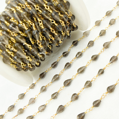 Smoky Quartz Tear Drop Shape Gold Plated Wire Chain.