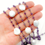 Load image into Gallery viewer, Amethyst &amp; Pearl Round Shape Bezel Oxidized Wire Chain. AME33
