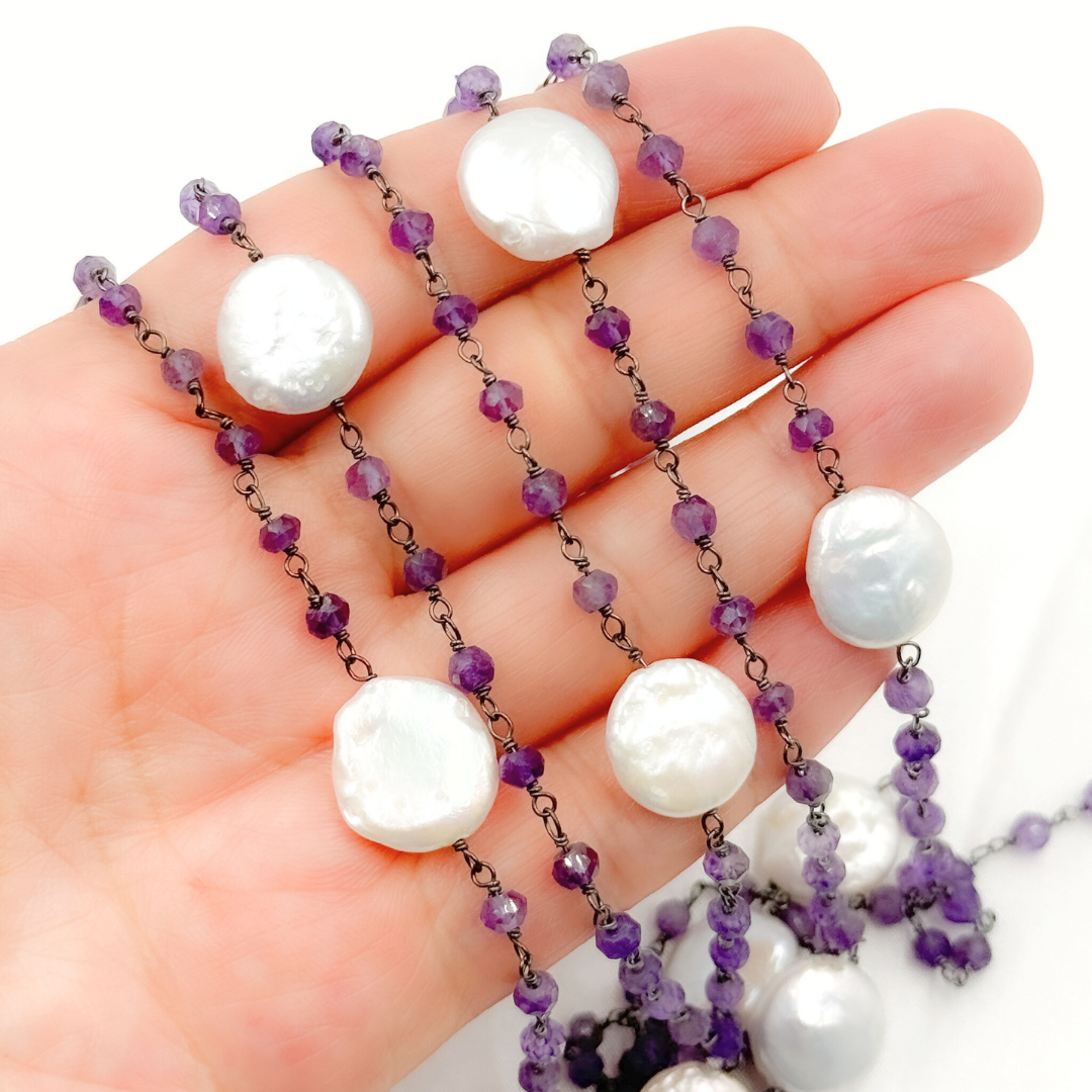 Amethyst & Pearl Round Shape Bezel Oxidized Wire Chain