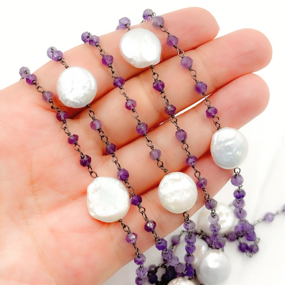 Amethyst & Pearl Round Shape Bezel Oxidized Wire Chain