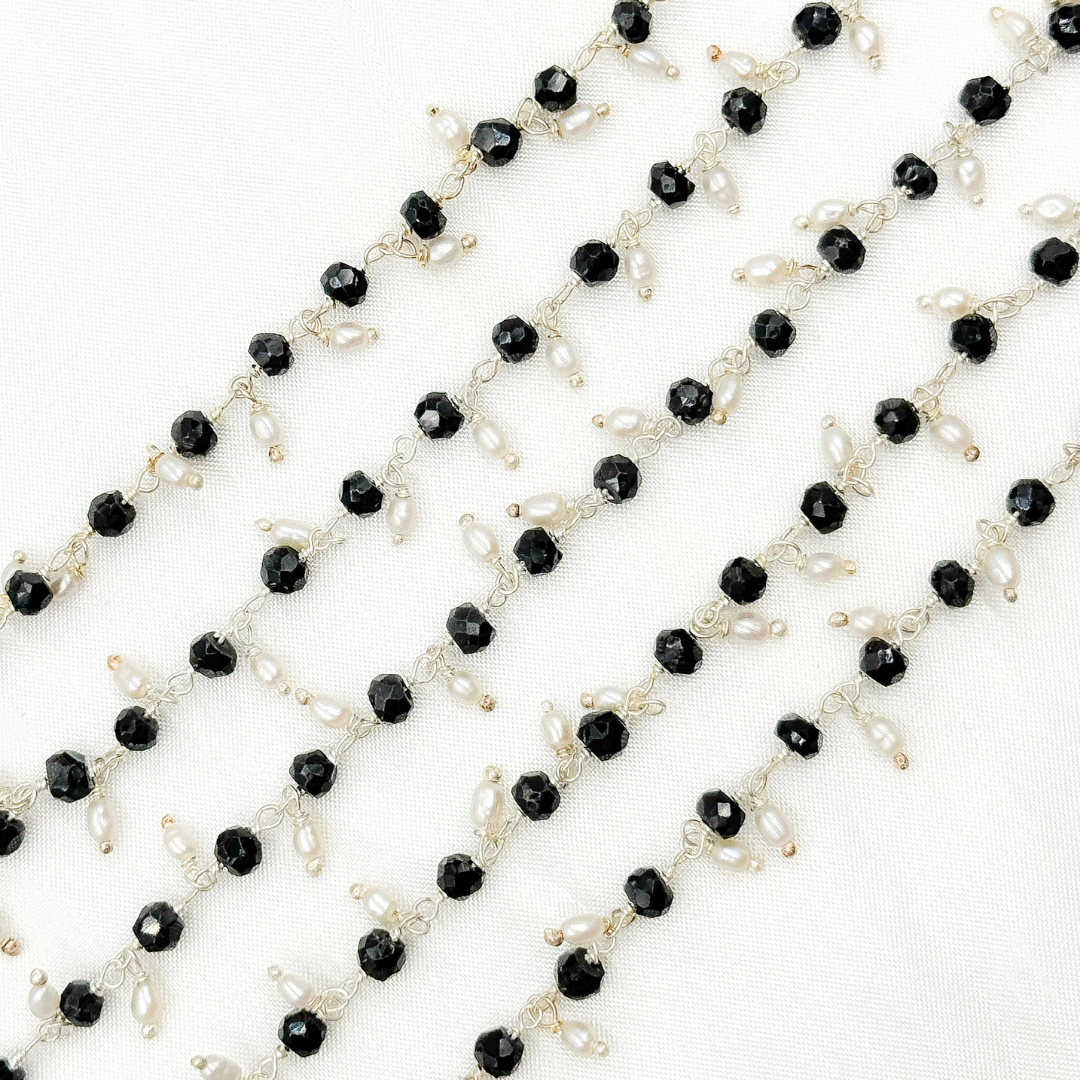 Black Spinel & Pearl Dangle 925 Sterling Silver Wire Chain.