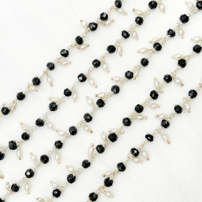 Black Spinel & Pearl Dangle 925 Sterling Silver Wire Chain.