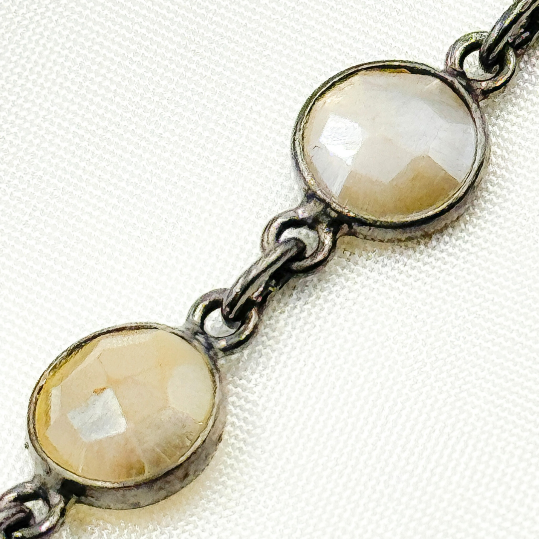 Coated White Moonstone Round Shape Bezel Oxidized Wire Chain.