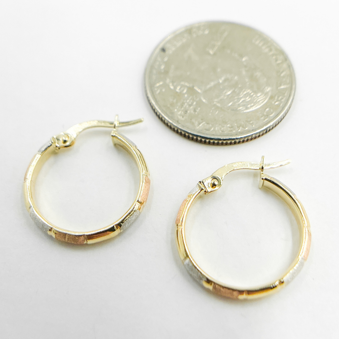 14K Solid Tri-Tone Gold Earrings Circle Shape Hoop. 