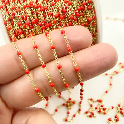 Gold Plated Sterling Silver Enamel Red Color Cable Chain