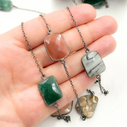 Multi Agate Rectangular Shape Bezel Oxidized Wire Chain