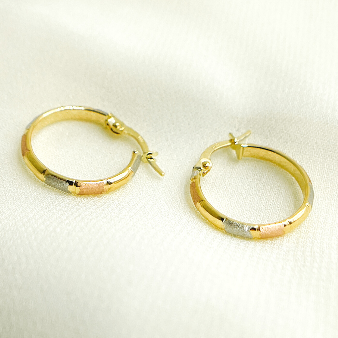14K Solid Tri-Tone Gold Earrings Circle Shape Hoop. 