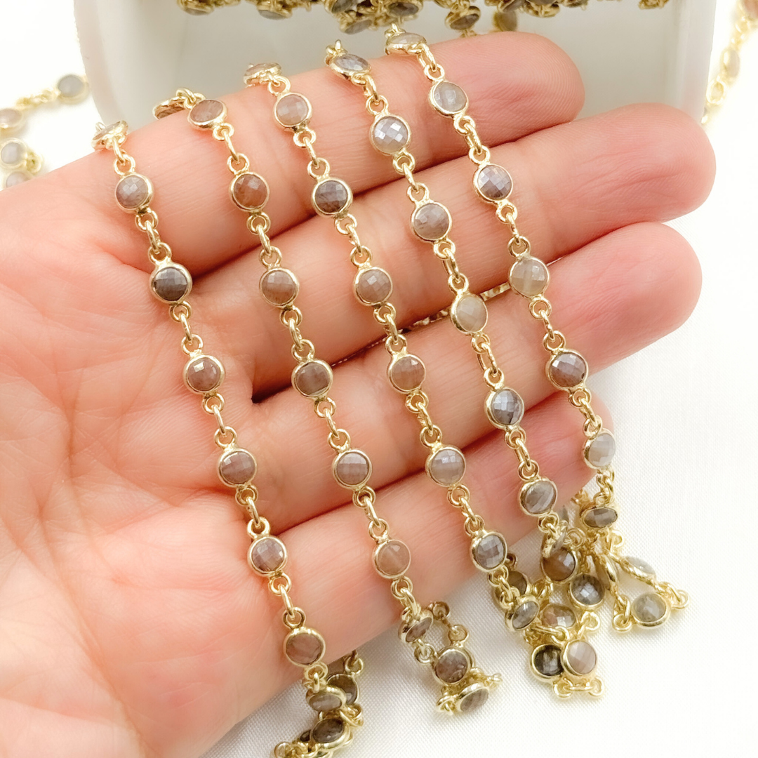 Coated Chocolate Moonstone Round Shape Bezel Gold Plated Wire Chain