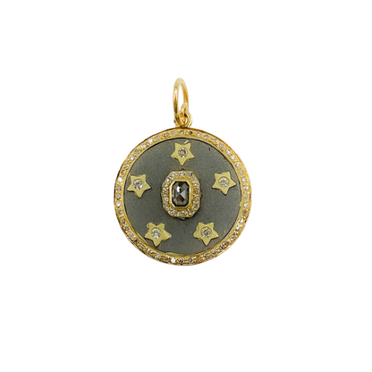 925 Sterling Silver Black Rhodium with Diamonds Circle Shape Charm with Stars in the Center.