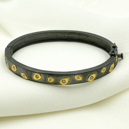 Black Rhodium Sterling Silver With Gold Pave Diamond Bangle