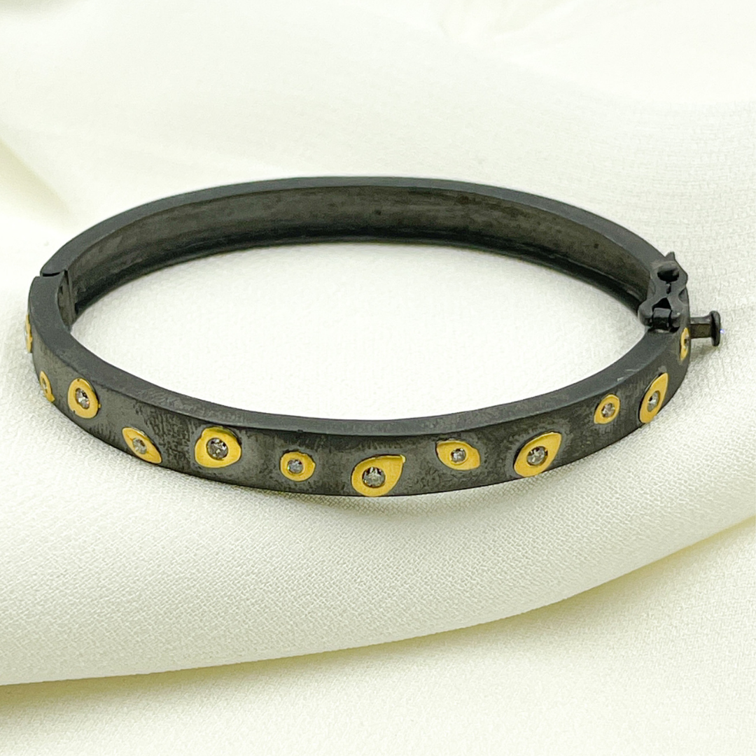 Black Rhodium Sterling Silver With Gold Pave Diamond Bangle