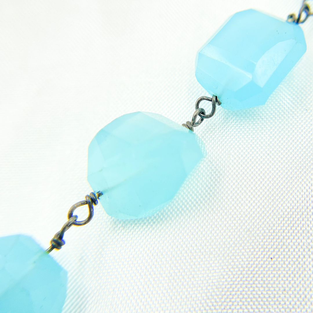 Blue Chalcedony Organic Shape Oxidized Wire Chain. BCL5