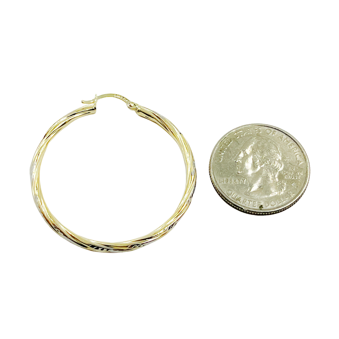 14K Gold Hoop Earrings with Engraved Tornado Design.