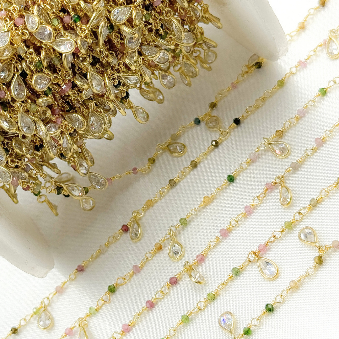Multi Tourmaline & CZ Dangle Gold Plated Wire Chain.