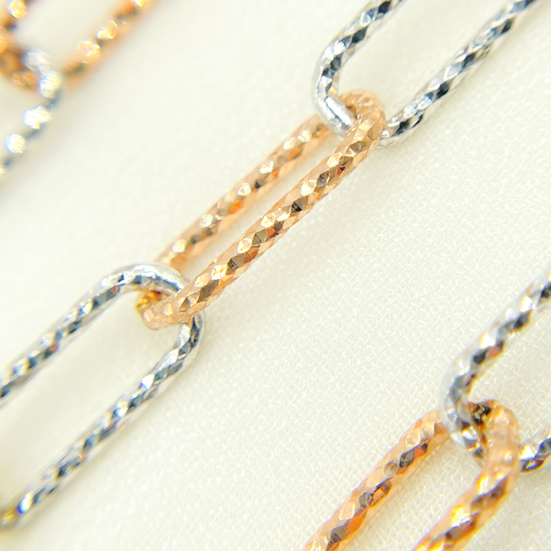 925 Sterling Silver Gold Plated, White Silver & Rose Plated Paperclip Diamond Cut Link Chain. V10GSR