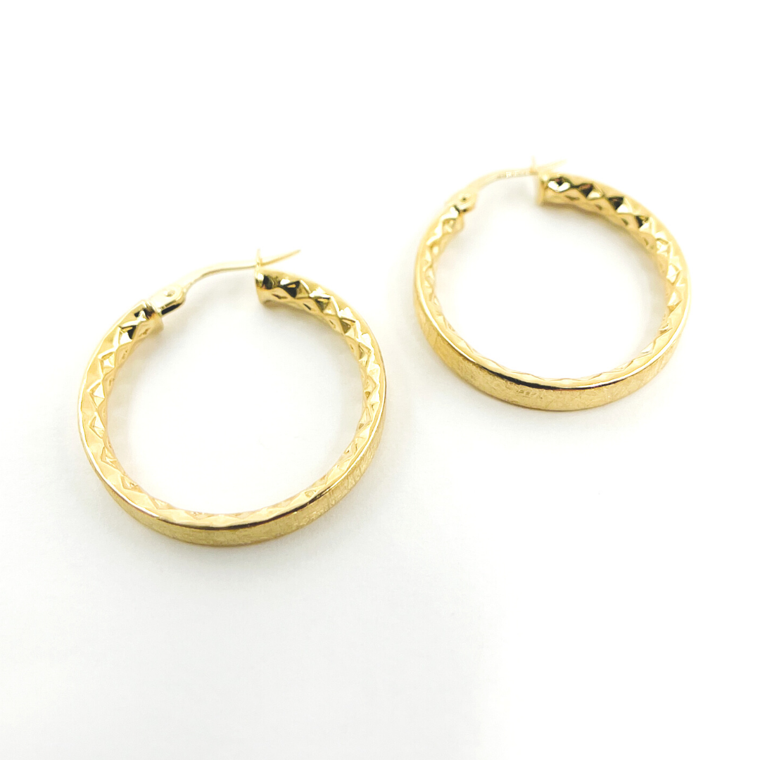 14K Solid Gold Diamond Cut Hoop Earrings with Texture.