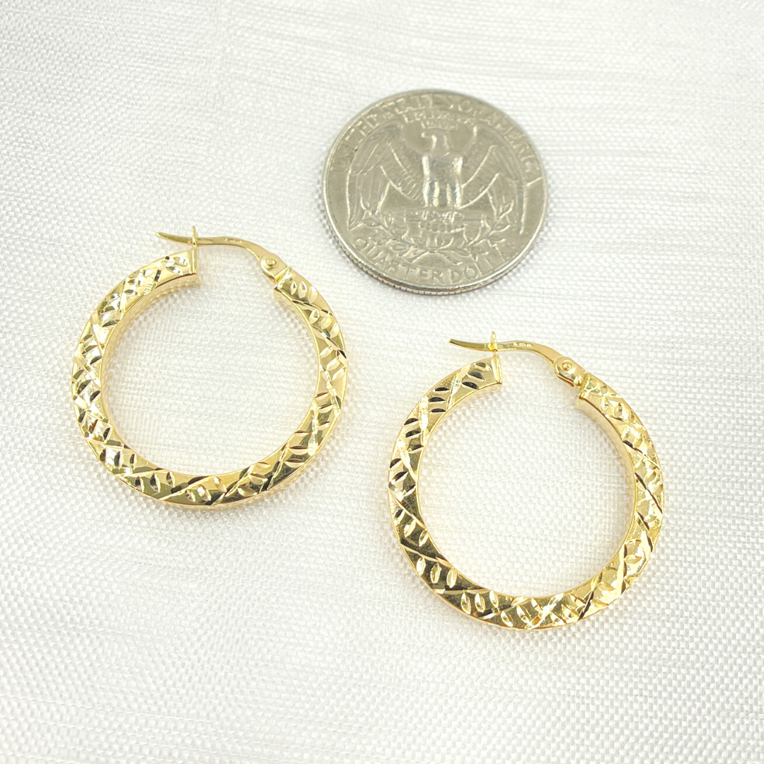 14K Solid Gold Hollow Flat Diamond Cut Hoop