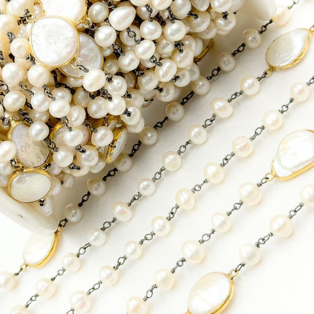 White Freshwater Pearl Organic and Round Shape Oxidized Wire Wrap Chain. PRL24