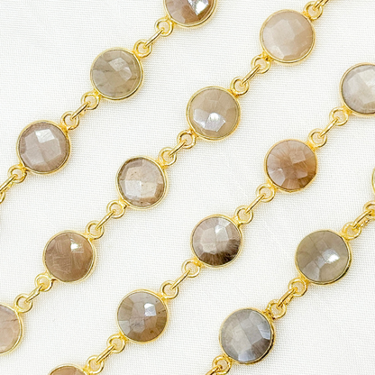 Coated Light Grey Moonstone Round Shape Bezel Gold Plated Wire Chain