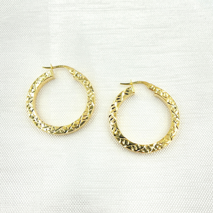 14K Solid Gold Hollow Flat Diamond Cut Hoop