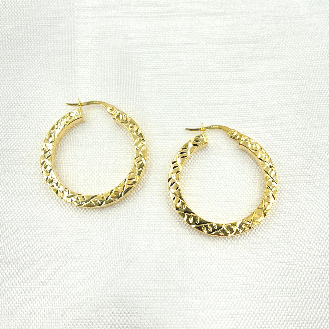 14K Solid Gold Hollow Flat Diamond Cut Hoop