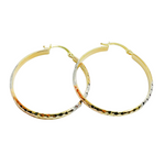 Load image into Gallery viewer, 14K Gold Tri-Color Hoop Earrings with Engraved Tornado Design. 