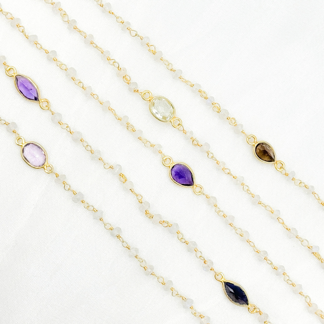 White Moonstone & Multi Stone Gold Plated Wire Chain.