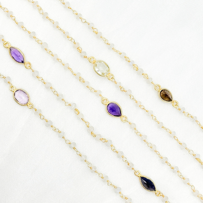 White Moonstone & Multi Stone Gold Plated Wire Chain.