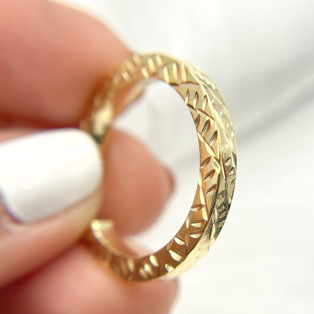 14K Solid Gold Hollow Flat Diamond Cut Hoop