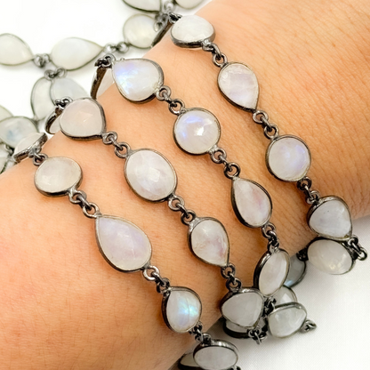 White Moonstone Oval & Pear Shape Bezel Oxidized Wire Chain