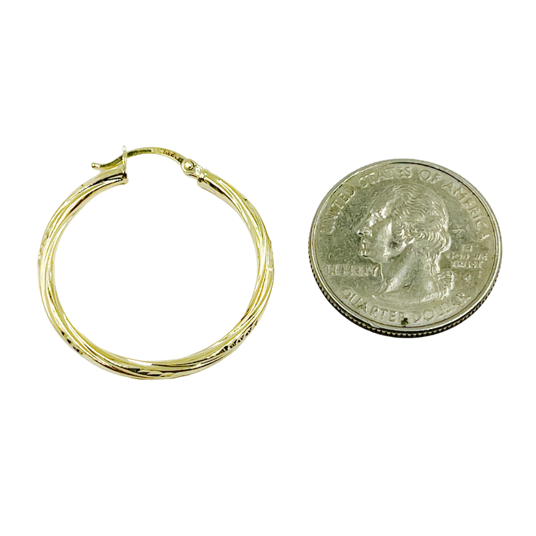 14K Gold Hoop Earrings with Engraved Tornado Design.