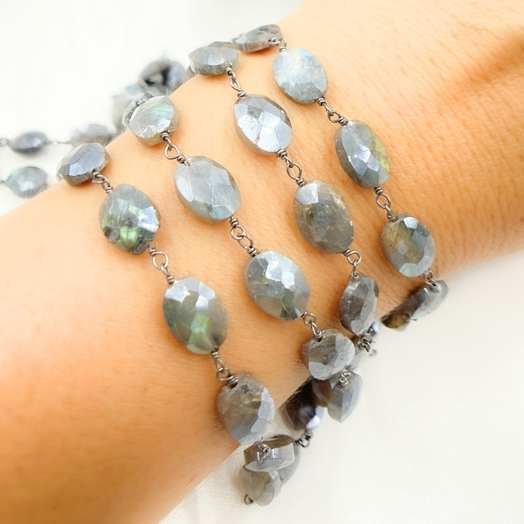 Coated Labradorite Oval Shape Oxidized Wire Chain