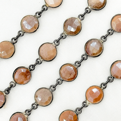 Coated Peach Moonstone Round Shape Bezel Oxidized Wire Chain