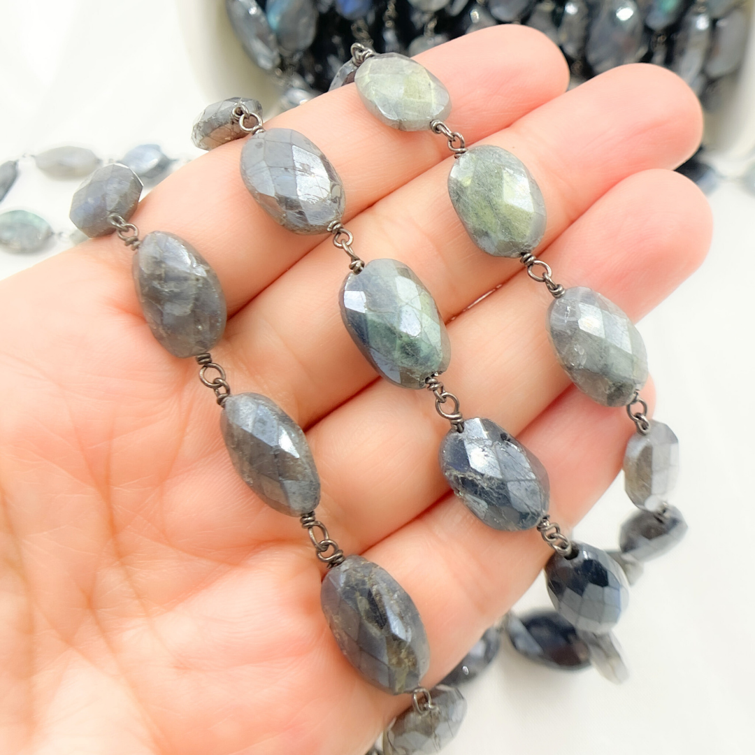 Coated Labradorite Oval Shape Oxidized Wire Chain. CLB51