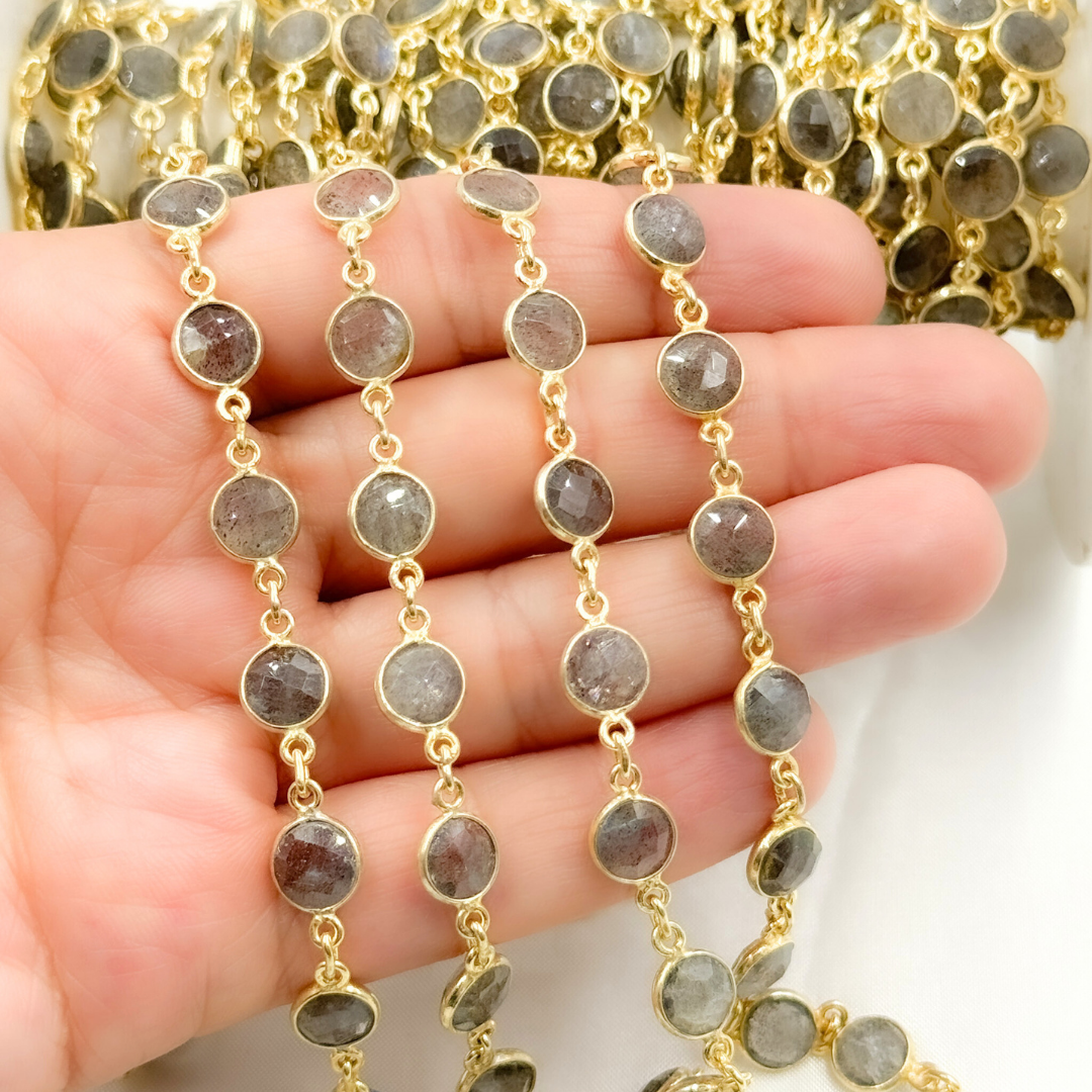 Labradorite Round Shape Bezel Gold Plated Wire Chain