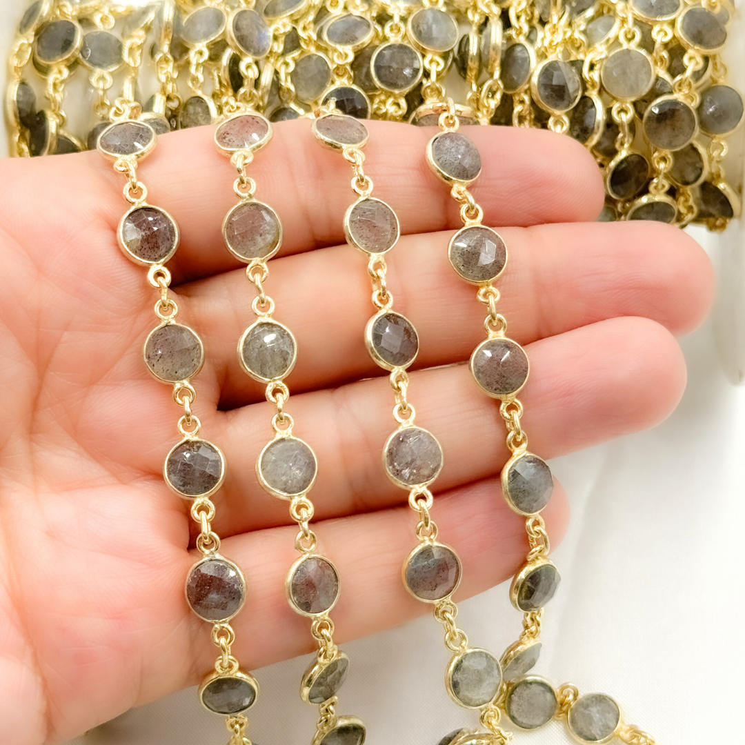 Labradorite Round Shape Bezel Gold Plated Wire Chain. LAB111