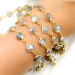 Load image into Gallery viewer, Coated Light Grey Moonstone Round Shape Bezel Gold Plated Wire Chain. CMS114
